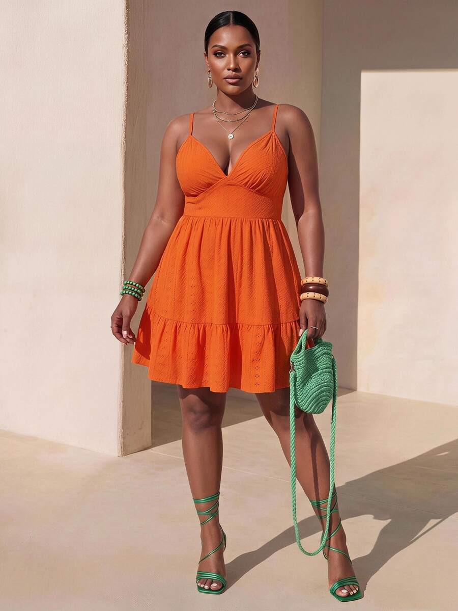Zivah Plus Size Women's Casual Sexy Tropical Hollow-Out Jacquard Fabric Sleeveless A-Line Ruffle Hem Short Dress Red Solid Color Flowy Beach Summer - Orange - View 1