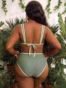 Swim Vcay Plus Size European And American Matcha Green Contrast Color Bikini Set, Basic Triangle Cup Halter Tie Swimwear, Slimming Sexy 2-Piece - Dark Green - View 2