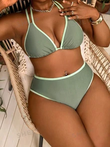 Swim Vcay Plus Size European And American Matcha Green Contrast Color Bikini Set, Basic Triangle Cup Halter Tie Swimwear, Slimming Sexy 2-Piece - Dark Green - View 1