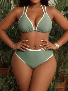 Swim Vcay Plus Size European And American Matcha Green Contrast Color Bikini Set, Basic Triangle Cup Halter Tie Swimwear, Slimming Sexy 2-Piece - Dark Green - View 4