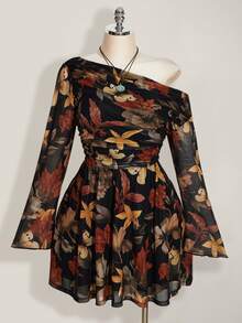 SHEIN ICON Plus Size Y2K Maple Leaf Print Mesh Long Sleeve Dress, Vintage, Casual, Fitted Dress, Suitable For Spring Fall - Multicolor - View 3