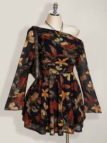 SHEIN ICON Plus Size Y2K Maple Leaf Print Mesh Long Sleeve Dress, Vintage, Casual, Fitted Dress, Suitable For Spring Fall - Multicolor - View 6