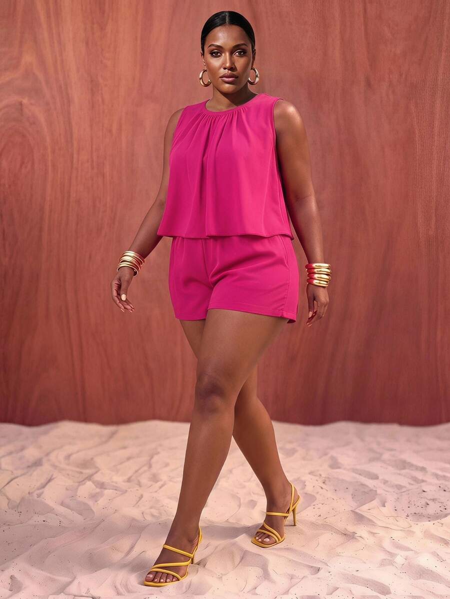 Zivah Plus Size Solid Color Pleated Crew Neck Tank Top And Loose Pants 2 Pieces Set Brunch Formal Pink Summer Elegant - Hot Pink - View 1