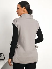 MaterniWear سترة محبوكة بياقة عالية وفتحة جانبية بلون موحد كاجوال للخريف/الشتاء للنساء الحوامل - بني - مشاهدة 4