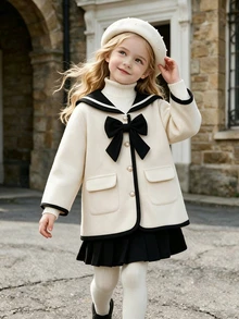 Elladie kids Young Girls Back To School Clothes, Toddler Fall Autumn Woolen Academy Style Light Apricot Sailor Collar Cardigan Jacket, 3D Bowknot Pearl Buttons - Apricot - View 5