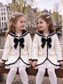 Elladie kids Young Girls Back To School Clothes, Toddler Fall Autumn Woolen Academy Style Light Apricot Sailor Collar Cardigan Jacket, 3D Bowknot Pearl Buttons - Apricot - View 2