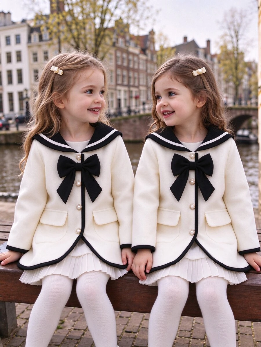 Elladie kids Young Girls Back To School Clothes, Toddler Fall Autumn Woolen Academy Style Light Apricot Sailor Collar Cardigan Jacket, 3D Bowknot Pearl Buttons