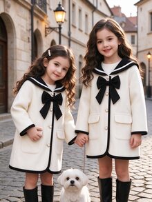 Elladie kids Young Girls Back To School Clothes, Toddler Fall Autumn Woolen Academy Style Light Apricot Sailor Collar Cardigan Jacket, 3D Bowknot Pearl Buttons - Apricot - View 4