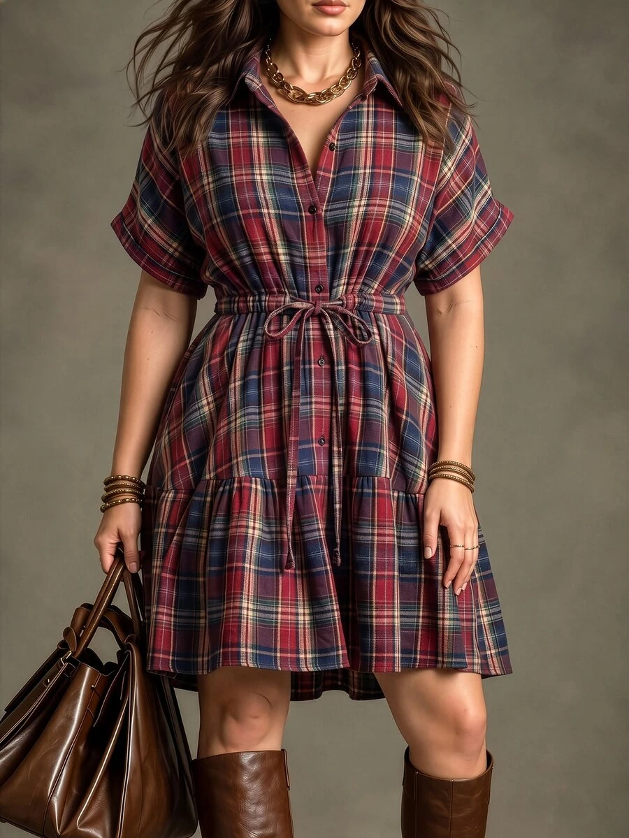 Linhara CURVE Plus-Size Loose-Fitting Casual Shirt-Style Dress With Rich Details - Multicolor - View 1