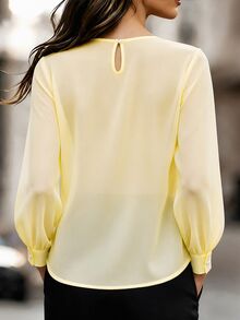 SHEIN Women's Autumn Elegant Casual Commute Daily Tea Break Gathering Ruffle Pale Yellow Long Sleeve Blouse Business Brunch - Yellow - View 3