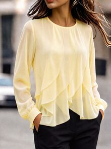 SHEIN Women's Autumn Elegant Casual Commute Daily Tea Break Gathering Ruffle Pale Yellow Long Sleeve Blouse Business Brunch - Yellow - View 5