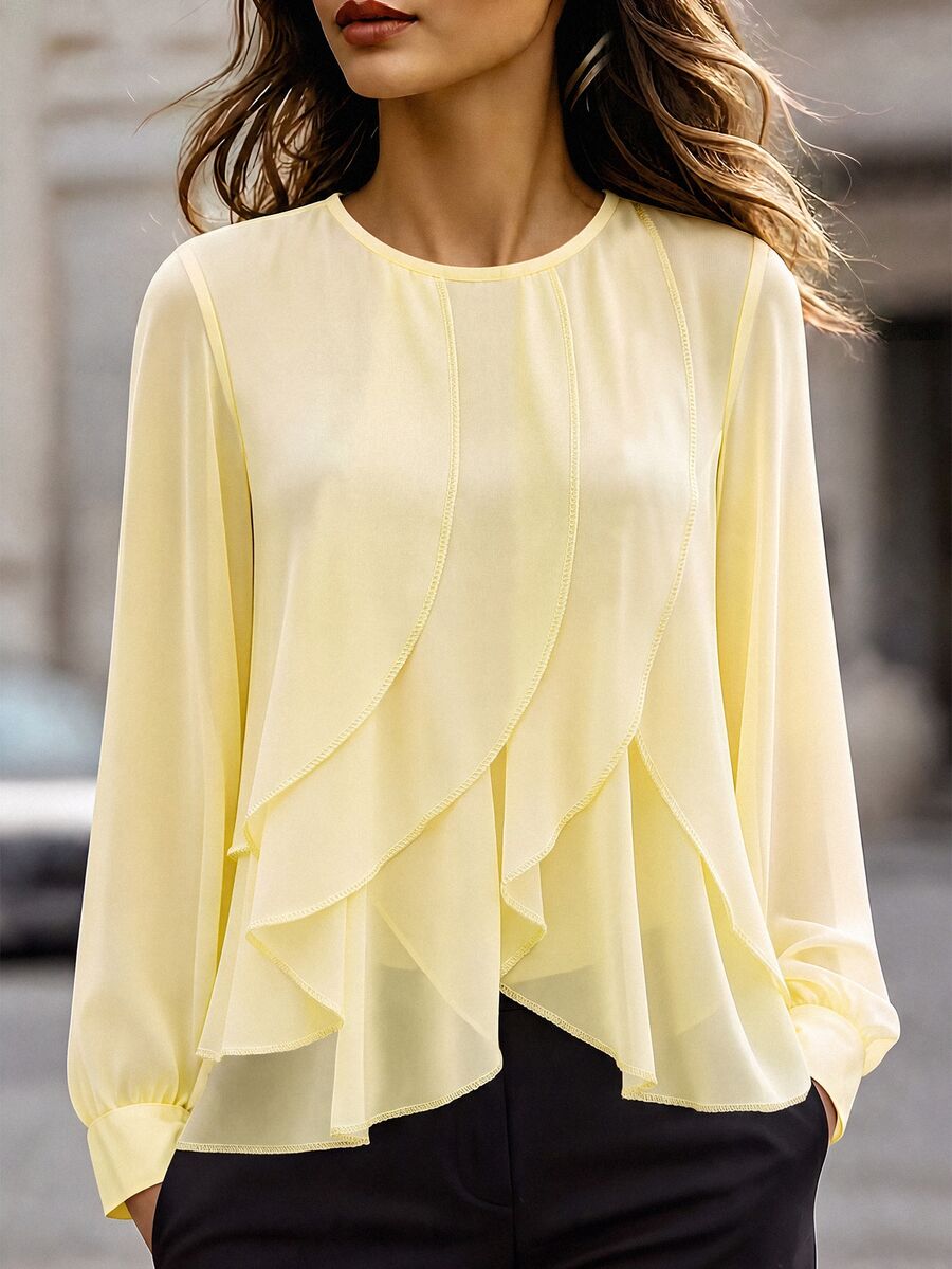 SHEIN Women's Autumn Elegant Casual Commute Daily Tea Break Gathering Ruffle Pale Yellow Long Sleeve Blouse Business Brunch