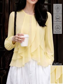 SHEIN Women's Autumn Elegant Casual Commute Daily Tea Break Gathering Ruffle Pale Yellow Long Sleeve Blouse Business Brunch - Yellow - View 4