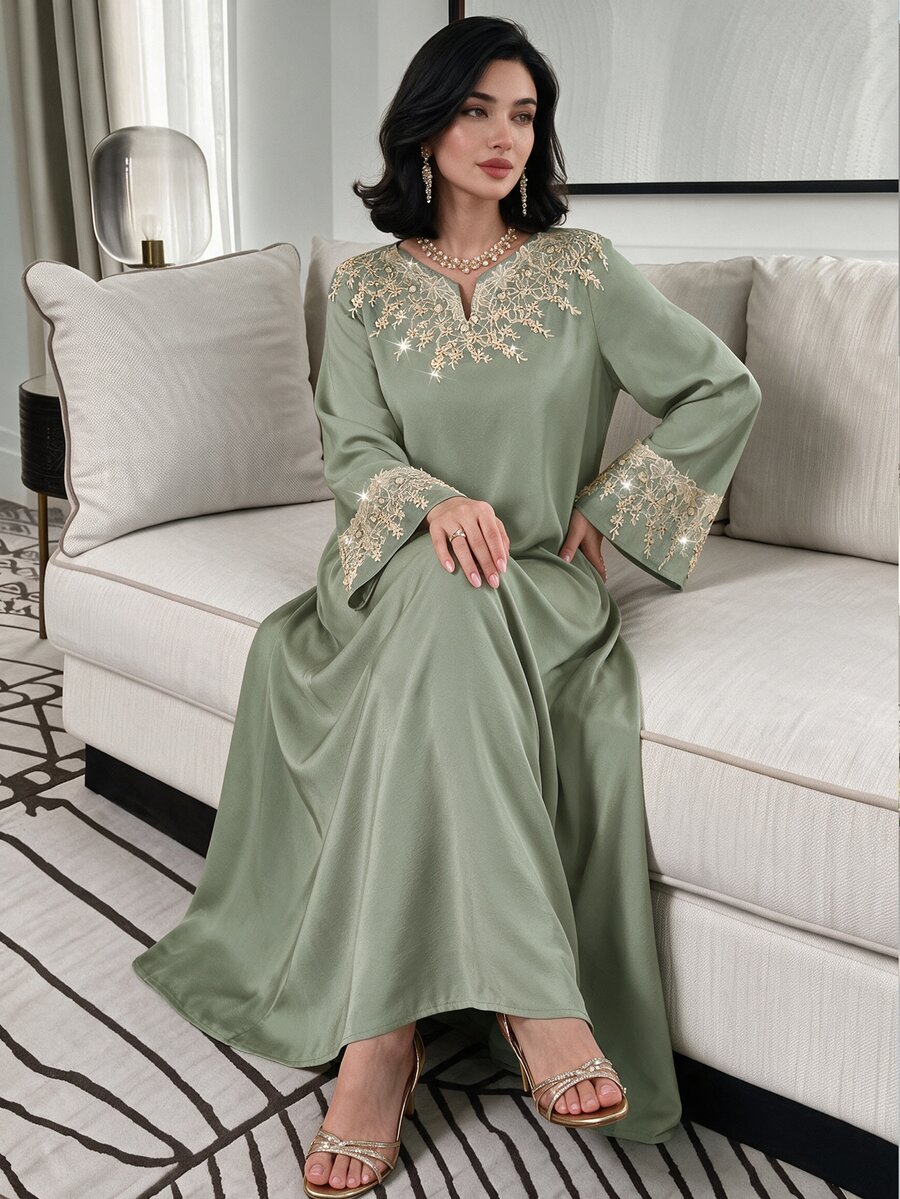 Al Najma 女款端莊優雅長洋裝 春秋款 鼠尾草綠 V領 金色刺繡 袖口刺繡 寬鬆飄逸 適合宴會、下午茶、派對