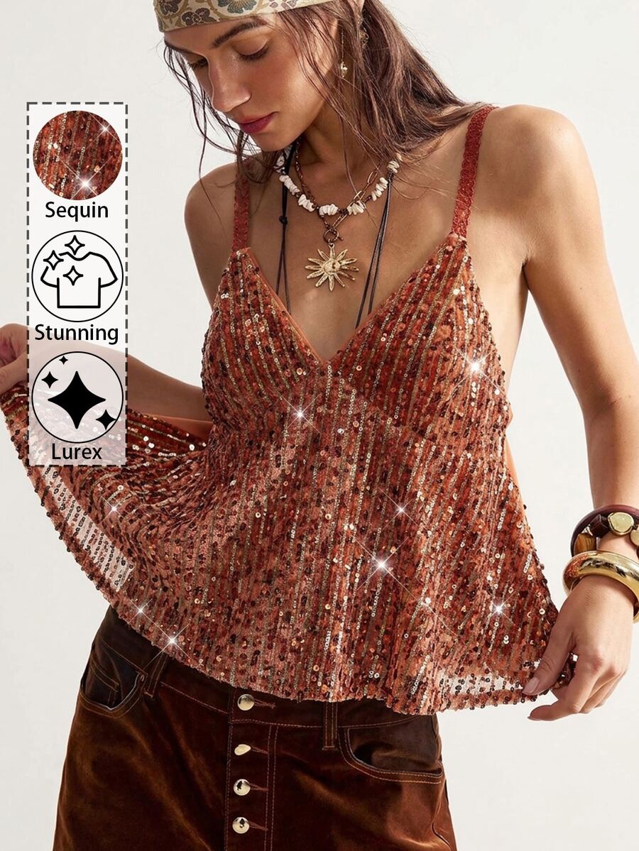 Bohemela Casual Sexy Boho Vacation Sequin Strap Tank Top For Women Party Night Out Brown Striped Summer - Orange - View 1