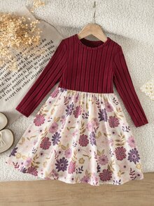 SHEIN 女童拼接花卉印花圓領長袖休閒洋裝 - 彩色 - 查看 5