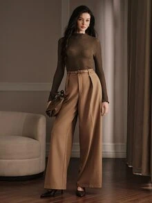 Anewsta French Style Frill Trim High Neck Mesh Base Layer Top For Women, Slightly Sheer Textured Honeycomb Grid Flare Long Sleeve Inner Layer Top - Brown - View 2