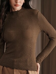 Anewsta French Style Frill Trim High Neck Mesh Base Layer Top For Women, Slightly Sheer Textured Honeycomb Grid Flare Long Sleeve Inner Layer Top - Brown - View 5