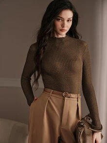 Anewsta French Style Frill Trim High Neck Mesh Base Layer Top For Women, Slightly Sheer Textured Honeycomb Grid Flare Long Sleeve Inner Layer Top - Brown - View 1