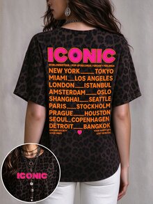 Breezaya 女款深綠色圓領短袖T恤，ICONIC字母世界城市圖案落肩寬鬆休閒反社交T恤，Y2K街頭復古風 - 彩色 - 查看 8