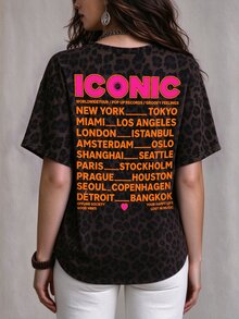 Breezaya 女款深綠色圓領短袖T恤，ICONIC字母世界城市圖案落肩寬鬆休閒反社交T恤，Y2K街頭復古風 - 彩色 - 查看 5