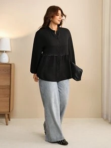 Edennvi Plus Size Spring/Autumn Casual Loose Daily Versatile Drop Shoulder Contrast Lace Trim Ruched Cardigan Shirt Fall - Black - View 4
