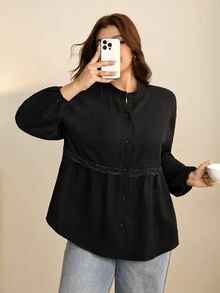 Edennvi Plus Size Spring/Autumn Casual Loose Daily Versatile Drop Shoulder Contrast Lace Trim Ruched Cardigan Shirt Fall - Black - View 8