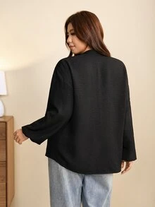 Edennvi Plus Size Spring/Autumn Casual Loose Daily Versatile Drop Shoulder Contrast Lace Trim Ruched Cardigan Shirt Fall - Black - View 2
