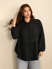 Edennvi Plus Size Spring/Autumn Casual Loose Daily Versatile Drop Shoulder Contrast Lace Trim Ruched Cardigan Shirt Fall - Black - View 5