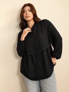 Edennvi Plus Size Spring/Autumn Casual Loose Daily Versatile Drop Shoulder Contrast Lace Trim Ruched Cardigan Shirt Fall - Black - View 6