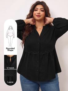 Edennvi Plus Size Spring/Autumn Casual Loose Daily Versatile Drop Shoulder Contrast Lace Trim Ruched Cardigan Shirt Fall - Black - View 1