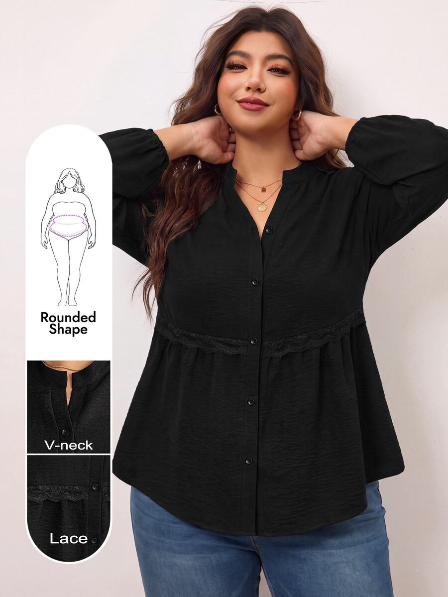Edennvi Plus Size Spring/Autumn Casual Loose Daily Versatile Drop Shoulder Contrast Lace Trim Ruched Cardigan Shirt Fall - Black - View 1