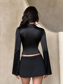 Coastalzia Women's Solid Color Hollow Out Fitted Versatile Daily Wear Top Night Out Going Out Black Fall Sexy - Black - View 2