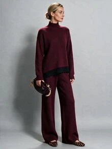 Breezaya Elegant Lace Trim Hem Long Sleeve Design Women's 2 Pieces Set - Burgundy - View 5