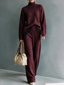 Breezaya Elegant Lace Trim Hem Long Sleeve Design Women's 2 Pieces Set - Burgundy - View 1