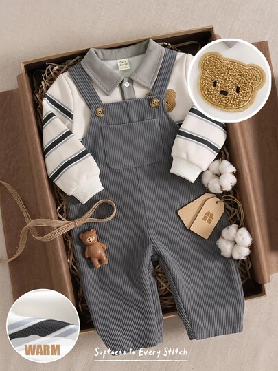 Cozy Pixies Baby Boys Thermal Lined Apricot Sweatshirt Knit Top And Grey Corduroy Overall Pants Set, Comfortable Versatile Fashionable Daily Cute Casual Minimalist All-Match Style, Suitable For Indoor, Outdoor Skiing, Daily, Sports, Play, Party, Photography In Autumn/Winter