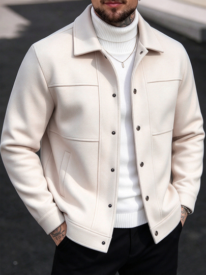 Manfinity CasualCool Palton scurt pentru bărbați din amestec de lână, culoarea caisă, cu rever notched și nasturi, croială regular fit, bej, toamnă, stil casual smart, pentru birou, cadou de Crăciun