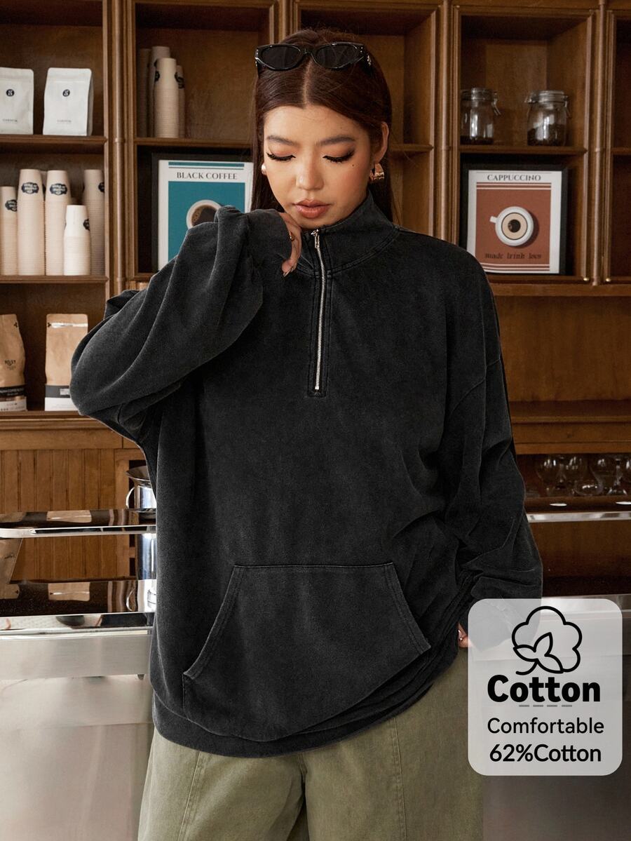 Muchica Plus Size, Loose-Fit Anti Social Sweatshirt Fall, Washed, Distressed Vintage Streetwear Casual Cargo Baggy Look, Stand-Up Collar, Zipper Design Grey