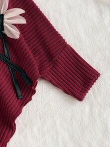 SHEIN Baby Girl Spring Autumn Winter Casual Parent-Child Matching T-Shirt Set, Asymmetrical Pullover Long Sleeve High Neck Brushed Light Burgundy Ribbed Fabric 3D Floral - Burgundy - View 9