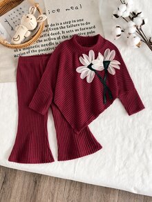 SHEIN Baby Girl Spring Autumn Winter Casual Parent-Child Matching T-Shirt Set, Asymmetrical Pullover Long Sleeve High Neck Brushed Light Burgundy Ribbed Fabric 3D Floral - Burgundy - View 6