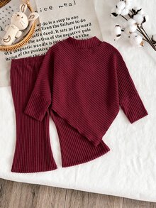 SHEIN Baby Girl Spring Autumn Winter Casual Parent-Child Matching T-Shirt Set, Asymmetrical Pullover Long Sleeve High Neck Brushed Light Burgundy Ribbed Fabric 3D Floral - Burgundy - View 2