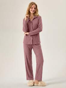 SHEIN Tall 100%Cotton Shirt Style Buttoned Striped Dark Blue 2 Pieces Pajama Set - Rusty Rose - View 1