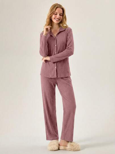 SHEIN Tall 100%Cotton Shirt Style Buttoned Striped Dark Blue 2 Pieces Pajama Set