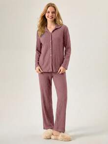 SHEIN Tall 100%Cotton Shirt Style Buttoned Striped Dark Blue 2 Pieces Pajama Set - Rusty Rose - View 4