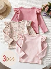 Set Baju Bayi Perempuan 3 Potong Motif Kelinci & Bunga, Lengan Panjang Berkerut dan Bergaris, Lembut, Pakaian Musim Gugur - MultiWarna - View 2