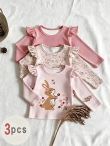 Set Baju Bayi Perempuan 3 Potong Motif Kelinci & Bunga, Lengan Panjang Berkerut dan Bergaris, Lembut, Pakaian Musim Gugur - MultiWarna - View 3