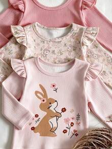 Set Baju Bayi Perempuan 3 Potong Motif Kelinci & Bunga, Lengan Panjang Berkerut dan Bergaris, Lembut, Pakaian Musim Gugur - MultiWarna - View 5
