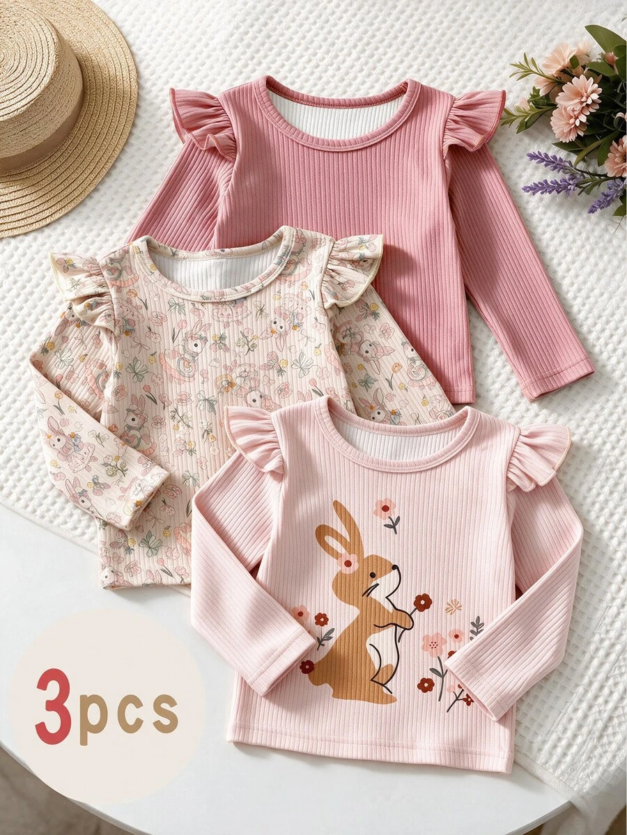 Set Baju Bayi Perempuan 3 Potong Motif Kelinci & Bunga, Lengan Panjang Berkerut dan Bergaris, Lembut, Pakaian Musim Gugur - MultiWarna - View 1