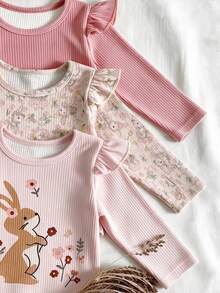 Set Baju Bayi Perempuan 3 Potong Motif Kelinci & Bunga, Lengan Panjang Berkerut dan Bergaris, Lembut, Pakaian Musim Gugur - MultiWarna - View 6