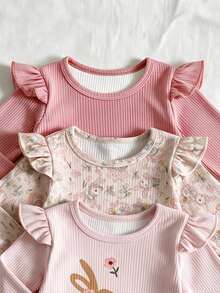 Set Baju Bayi Perempuan 3 Potong Motif Kelinci & Bunga, Lengan Panjang Berkerut dan Bergaris, Lembut, Pakaian Musim Gugur - MultiWarna - View 4